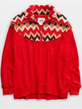 Aerie Red Half-Zip Hometown Fleece Pullover with Chevron Sherpa Yoke L